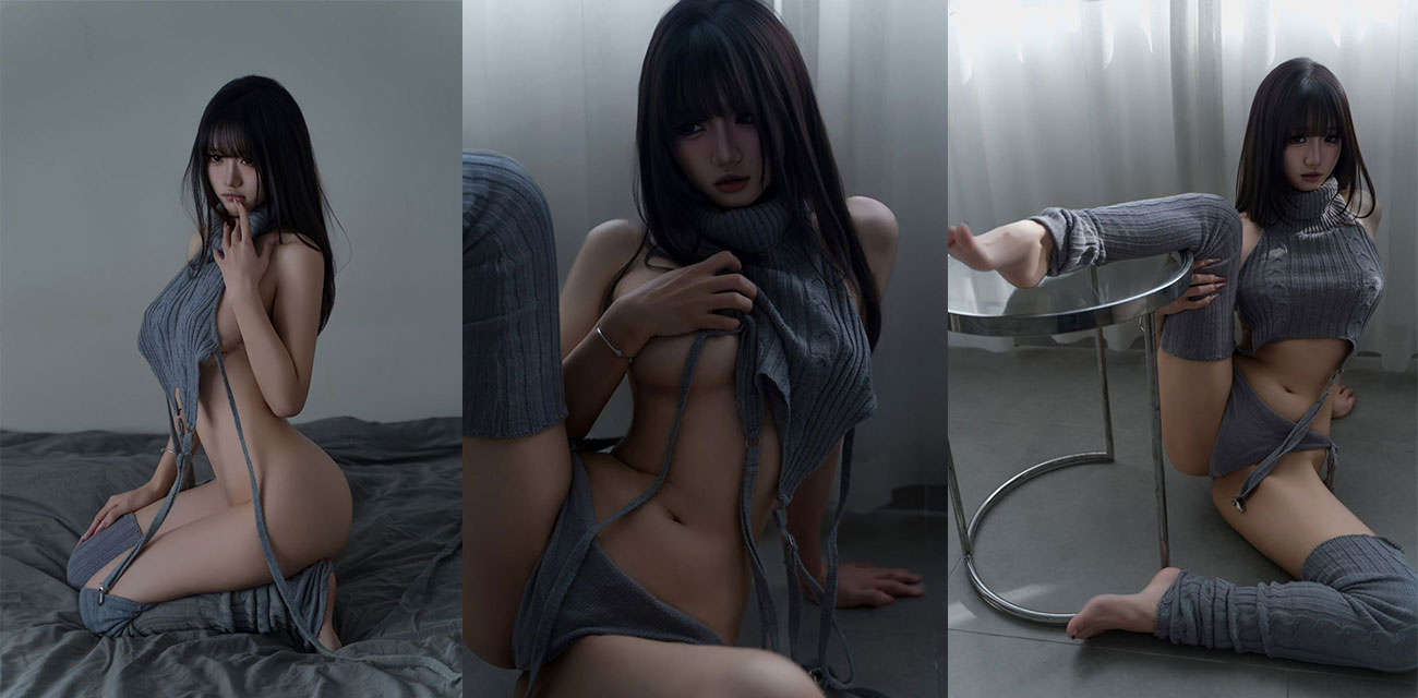 顶流福利姬【柒柒不可爱】灰色真空毛衣写真流出，巨乳呼之欲出绝美冷眼回眸化身纯欲女王