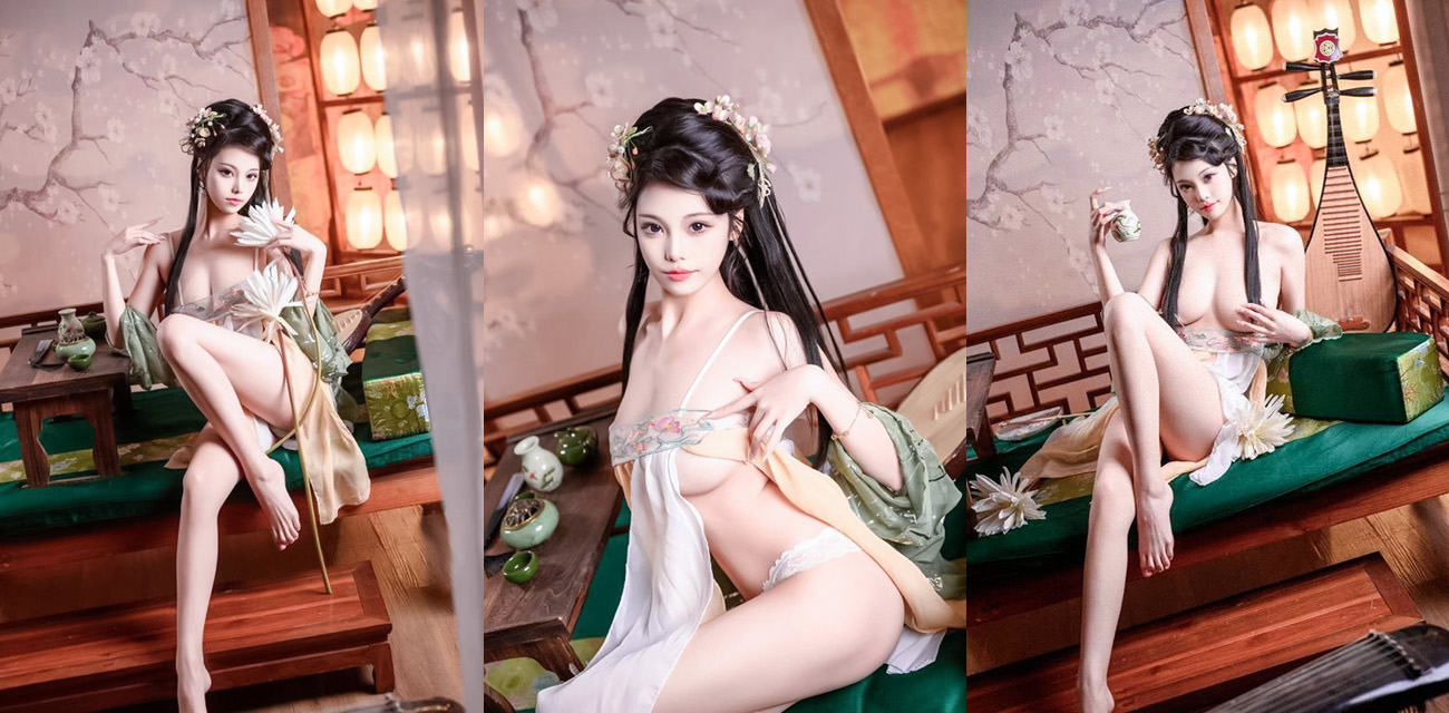 高颜巨乳古风Coser【蜜汁猫裘】大尺度私拍流出，单薄纱衣巨乳半露，蕾丝小内裤勒出逼缝诱惑无比
